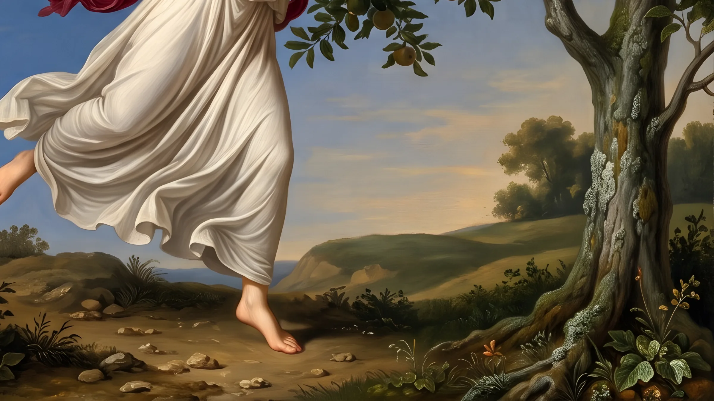 Her bare foot on a dirt path at the foot of the apple tree, green hills in morning light beyond