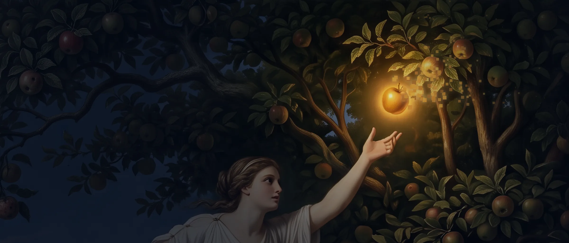 The same painting at night: her face turned up and her hand reaching toward the golden apple, the only light in the dark tree