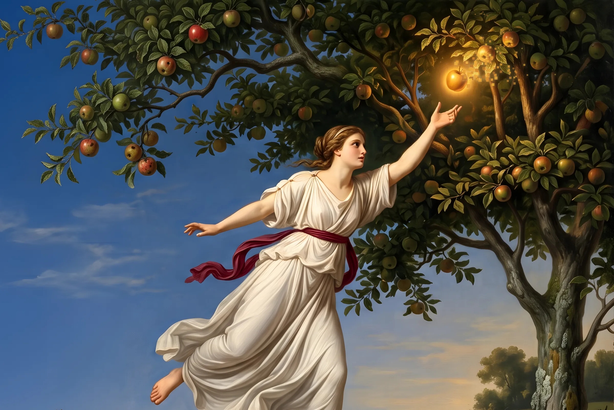 A painted woman in white running beneath an apple tree, reaching for the one golden apple that glows among the branches