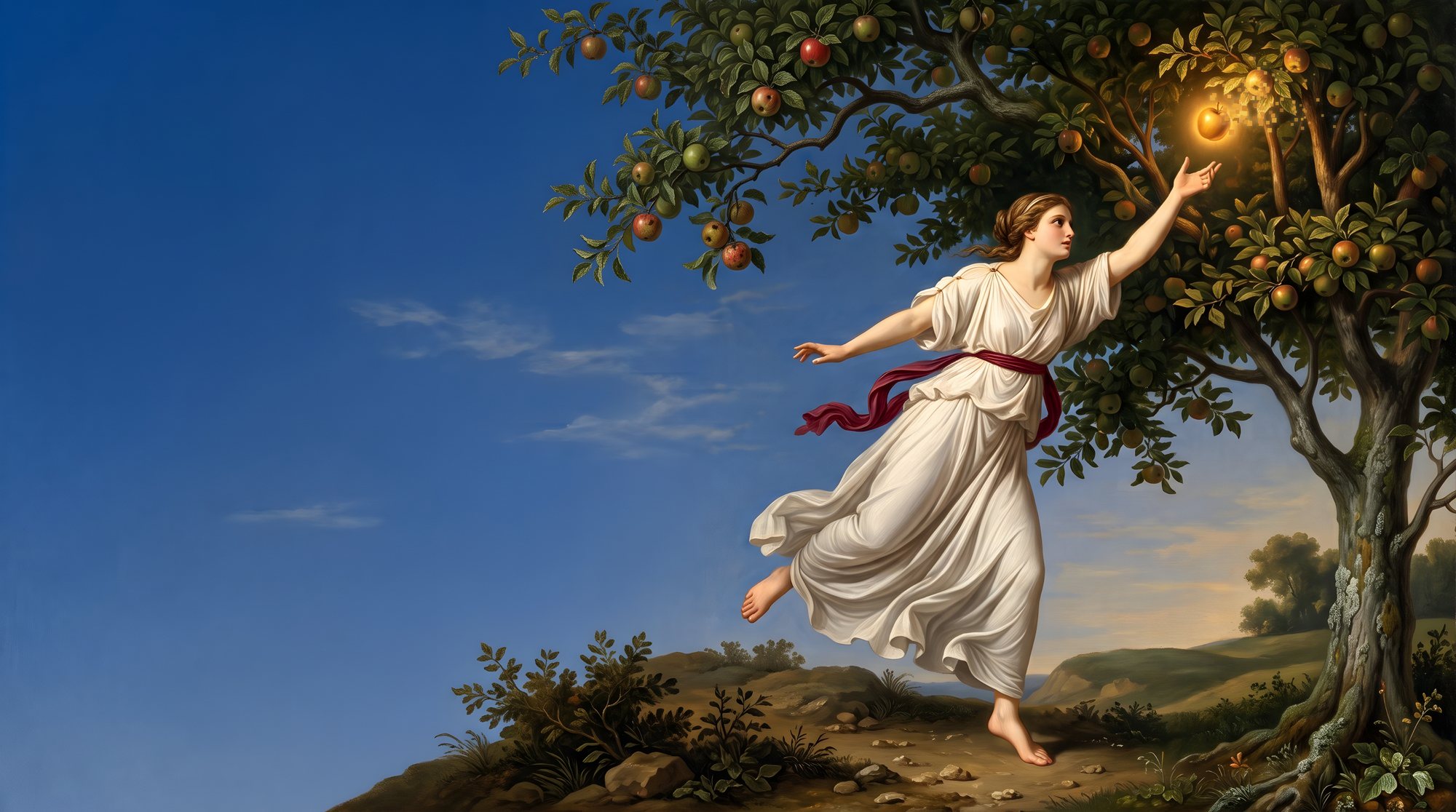 An oil painting: a young woman in a white robe and red sash runs beneath an apple tree, reaching for a glowing golden apple that is dissolving into gold pixels, under a deep blue sky.